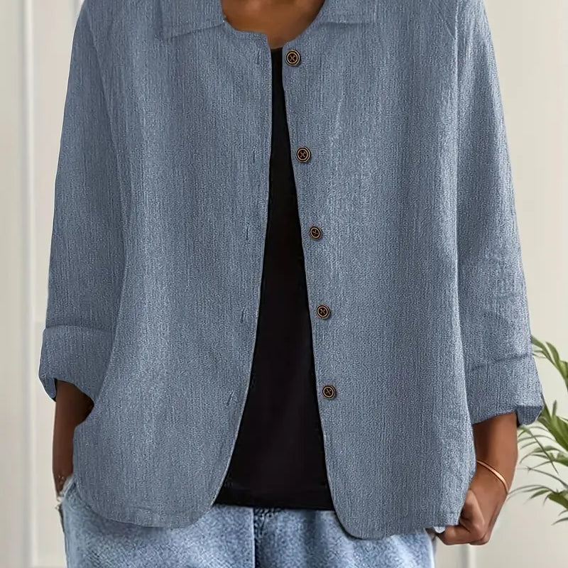 Amélie Rousseau | Sky Breeze Button Linen Jacket with Relaxed Elegance For Women