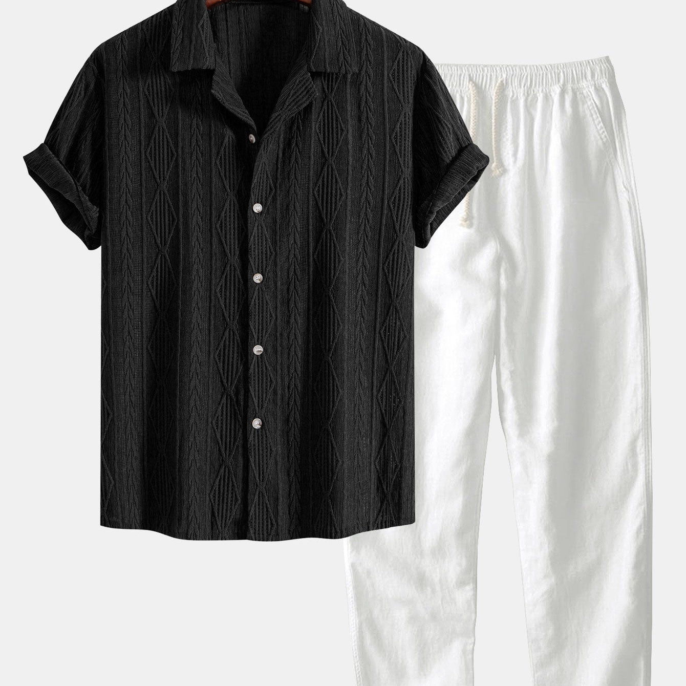 Geometric Jacquard Cuban Shirt & Straight Linen Pants