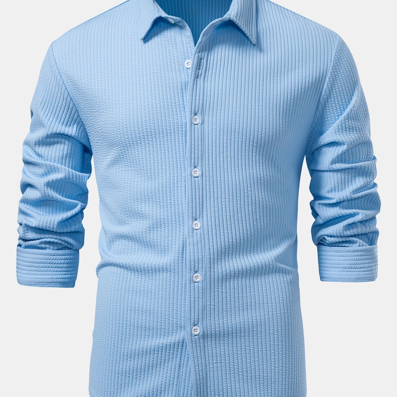 Ribbed Long Sleeve Muscle-Fit Button-Up Shirt