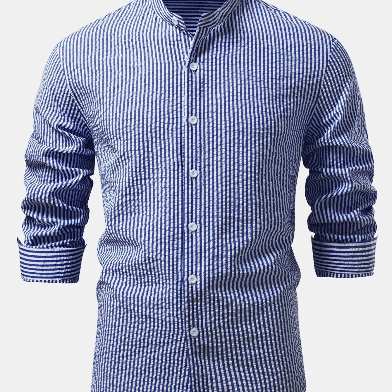 Striped Seersucker Shirt with High Collar