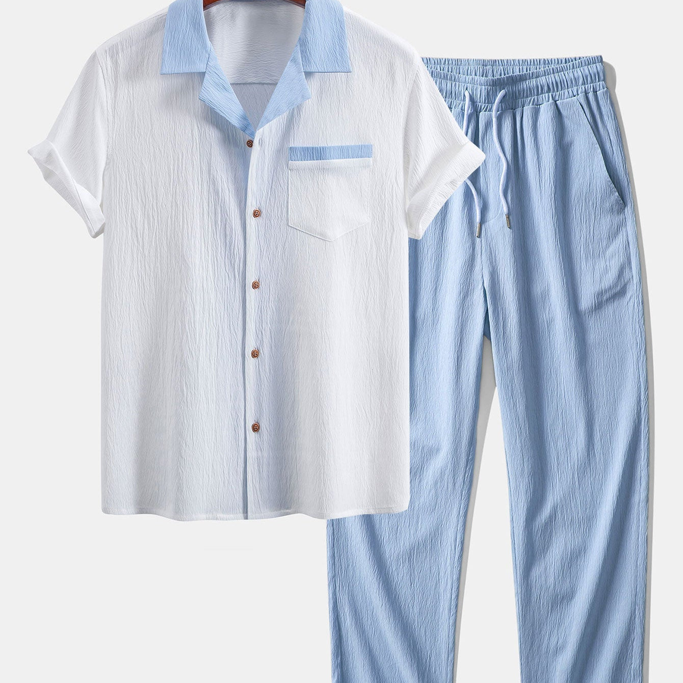 Textured Contrast Cuban Shirt & Straight Leg Pants