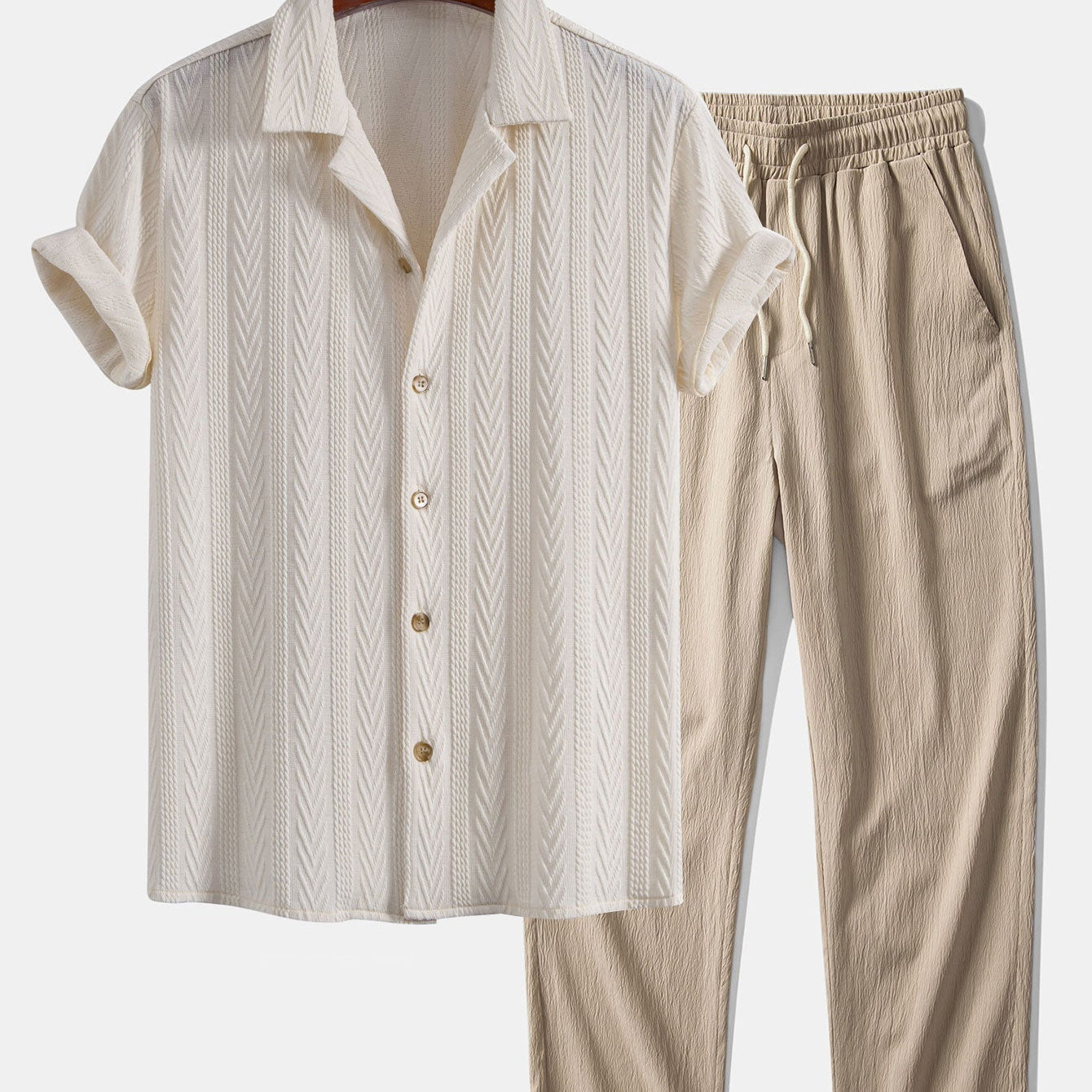 Textured Jacquard Cuban Shirt & Crinkle-Texture Straight-Leg Trousers