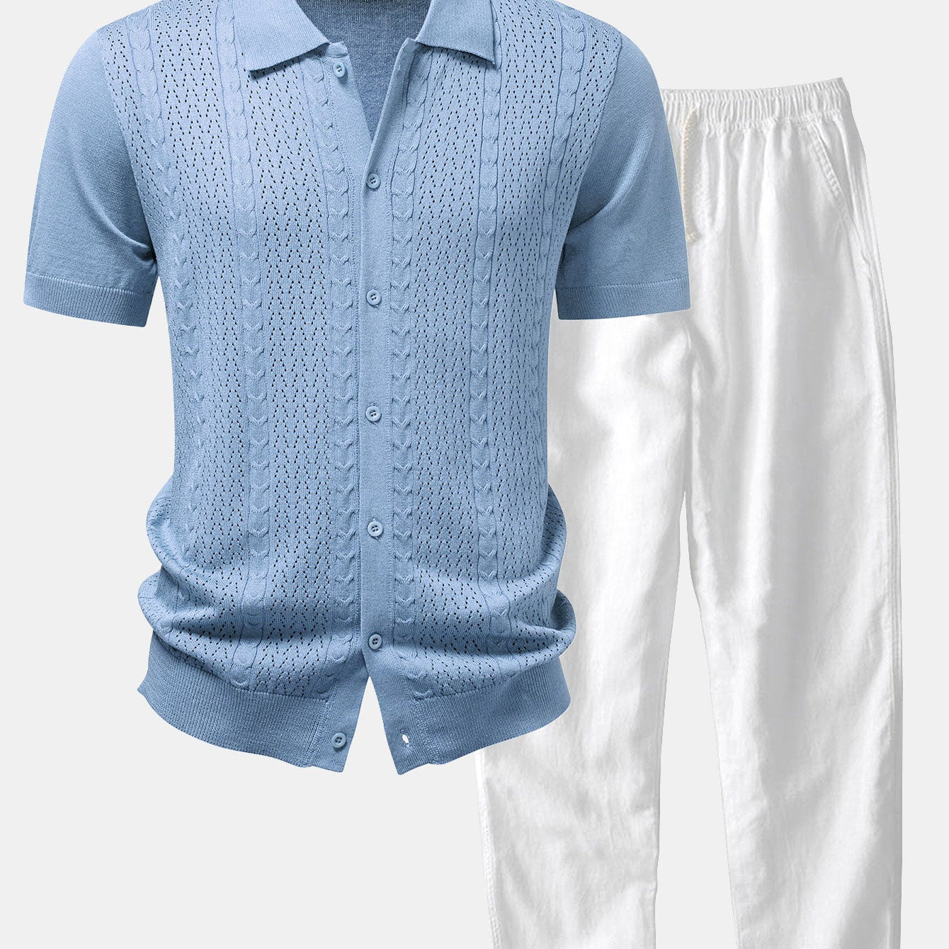 Twisted Jacquard Button Up Knit Shirt & Straight Leg Linen Pants