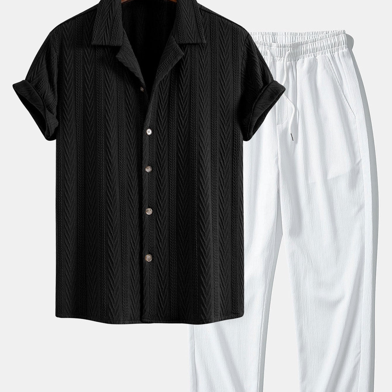 Textured Jacquard Cuban Shirt & Crinkle-Texture Straight-Leg Trousers