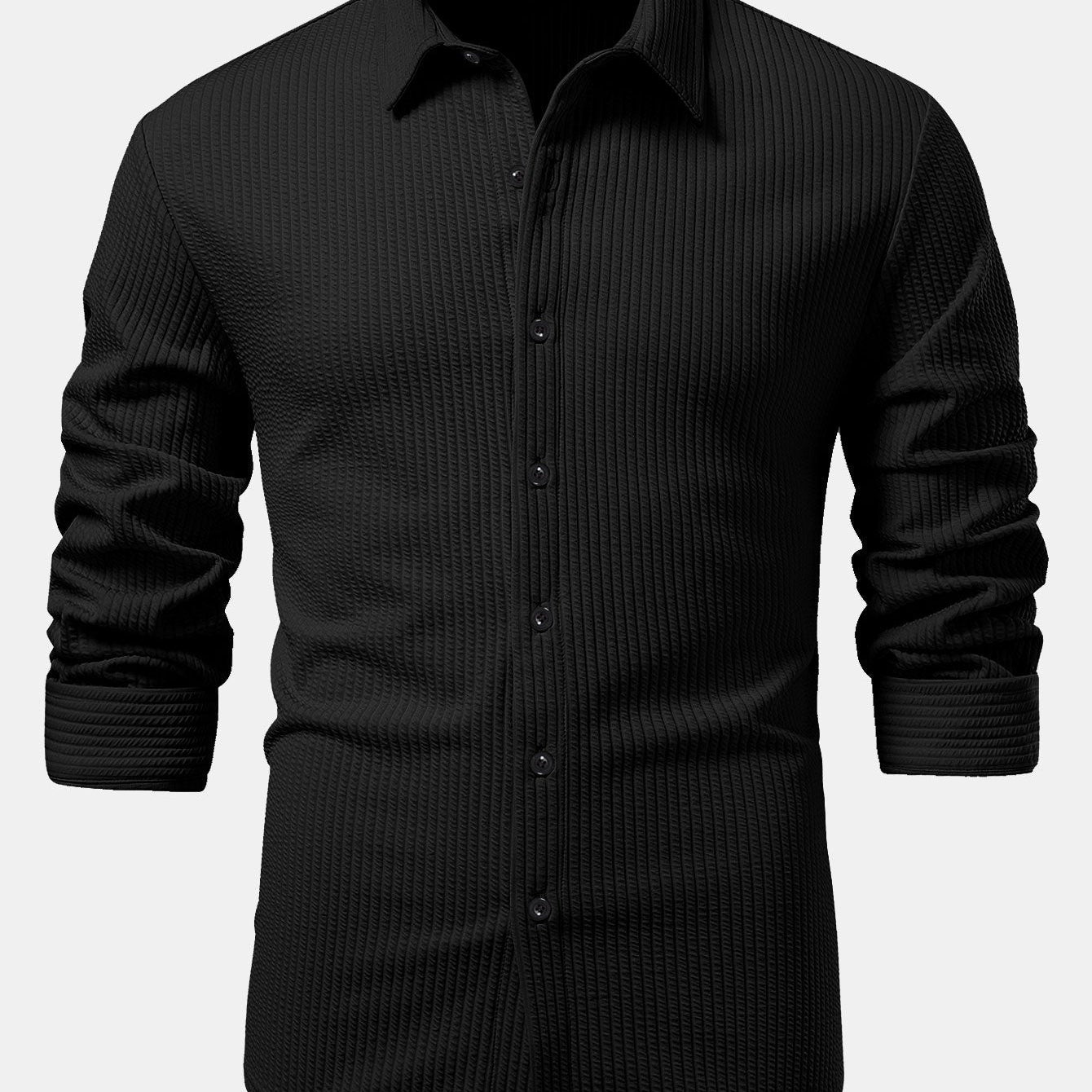 Ribbed Long Sleeve Muscle-Fit Button-Up Shirt