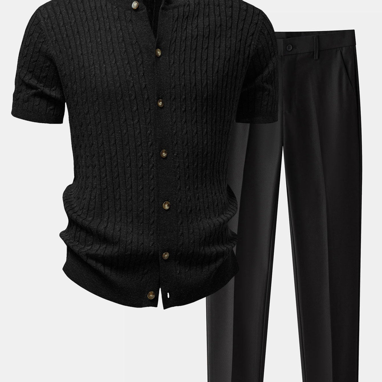 Twisted Jacquard Crew Neck Button Up Knit Shirt & Slim Fit Tapered Trousers