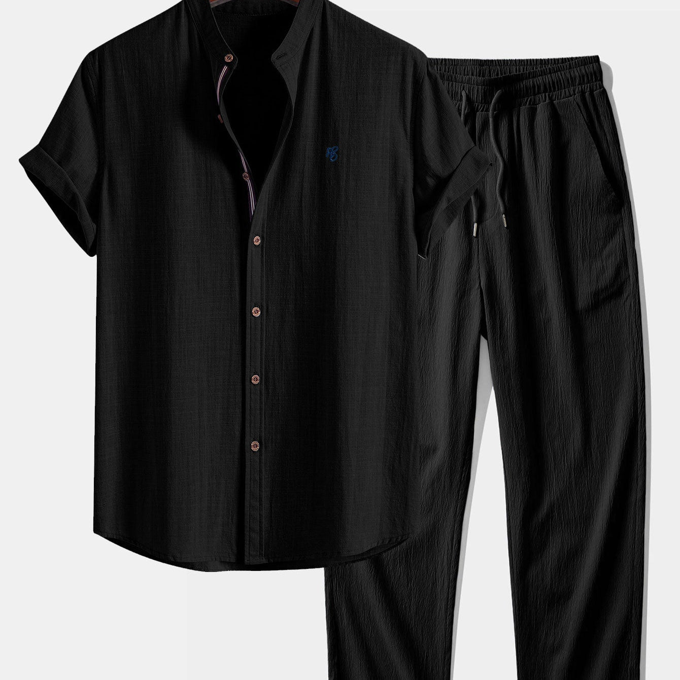 Short Sleeve Linen Look Stand Collar Shirt & Crinkle Textured Straight Leg Pants
