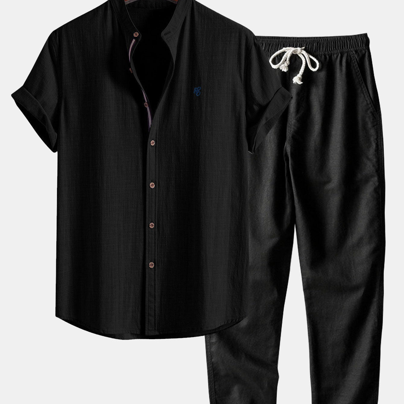 Short Sleeve Linen Look Stand Collar Shirt & Straight Leg Linen Pants