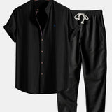 Short Sleeve Linen Look Stand Collar Shirt & Straight Leg Linen Pants