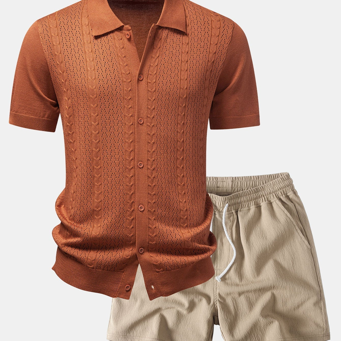 Twisted Jacquard Button Up Knit Shirt & Crinkle Textured Drawstring 5" Shorts