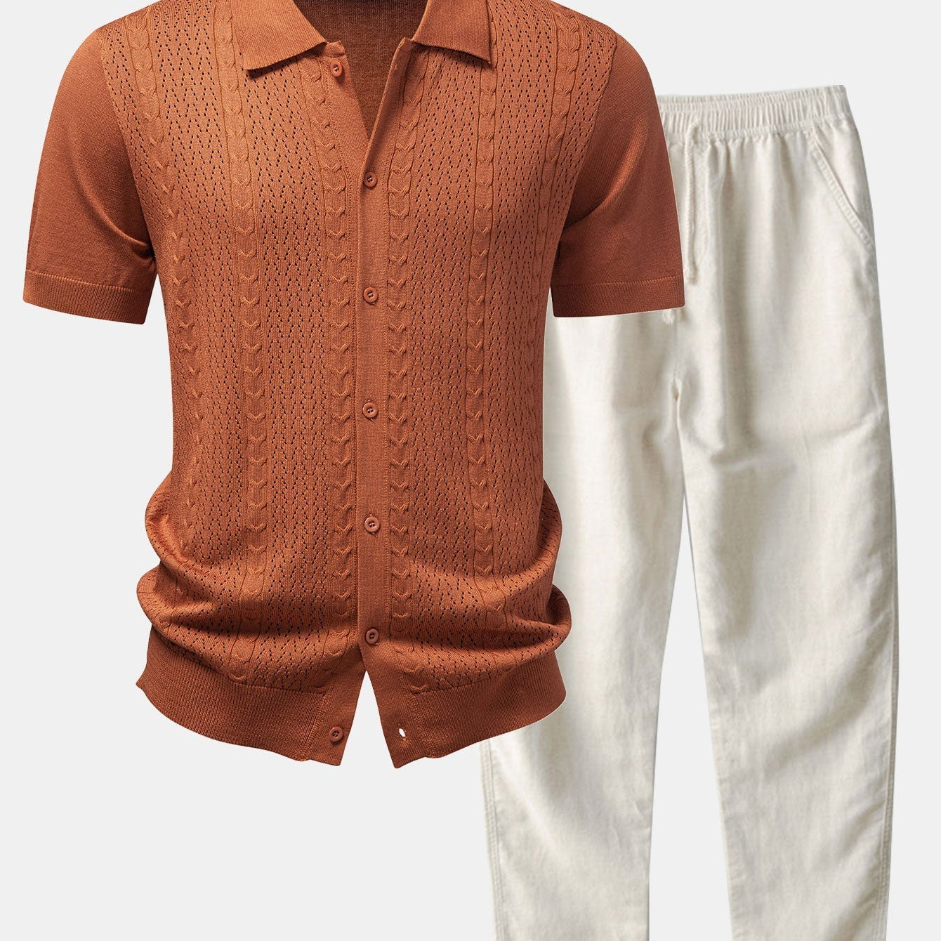 Twisted Jacquard Button Up Knit Shirt & Straight Leg Linen Pants