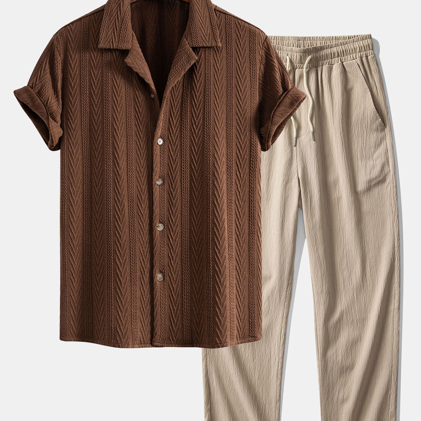 Textured Jacquard Cuban Shirt & Crinkle-Texture Straight-Leg Trousers