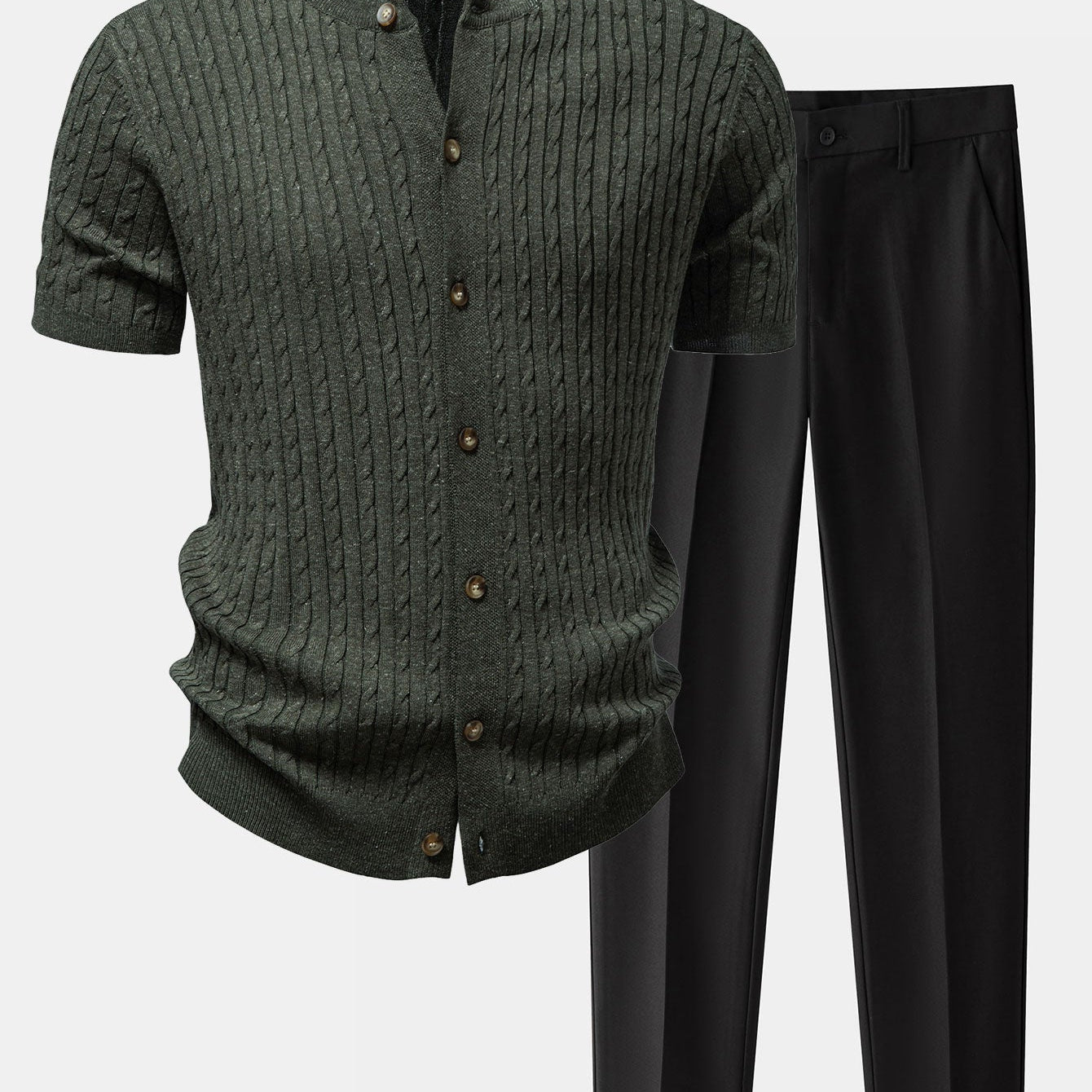 Twisted Jacquard Crew Neck Button Up Knit Shirt & Slim Fit Tapered Trousers