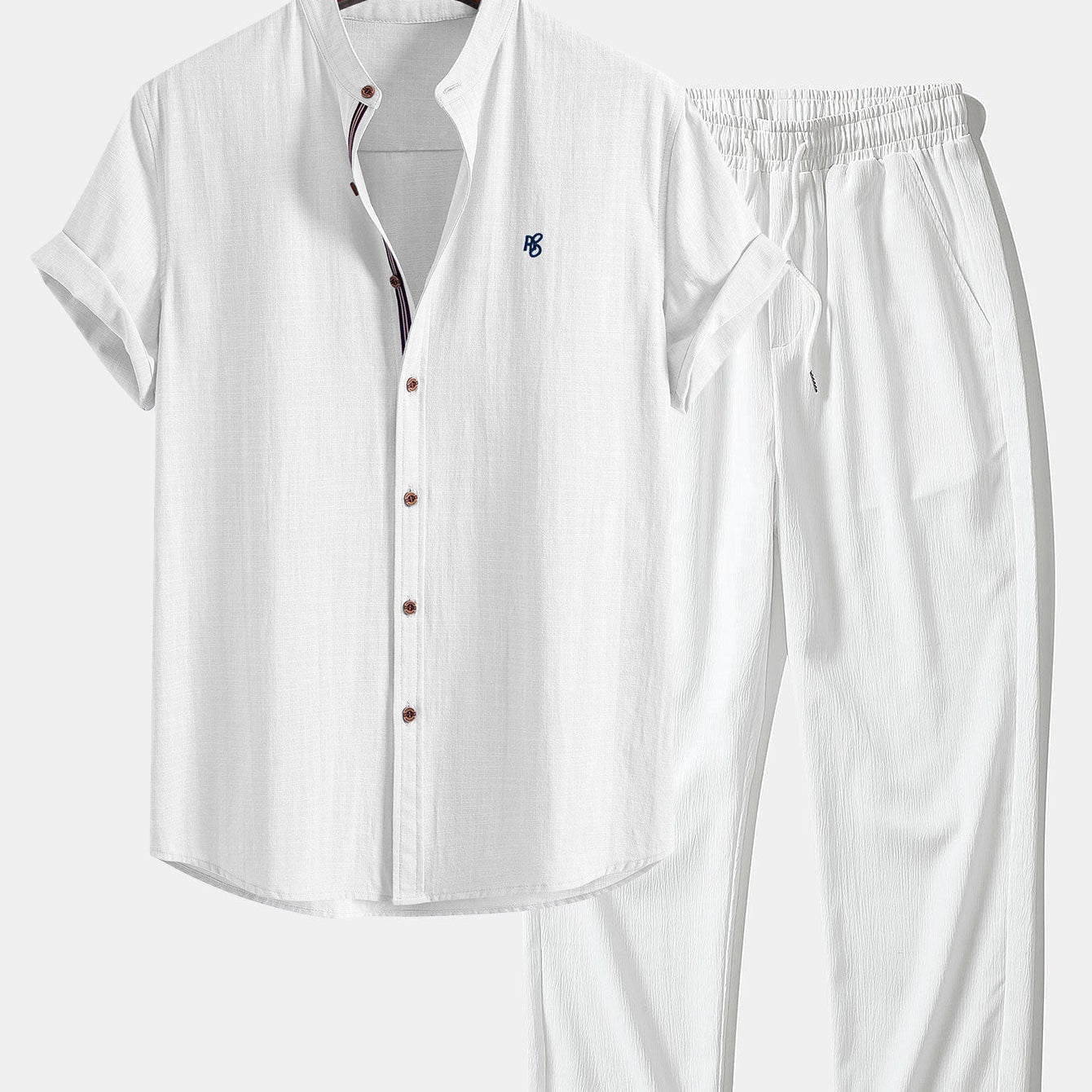 Short Sleeve Linen Look Stand Collar Shirt & Crinkle Textured Straight Leg Pants