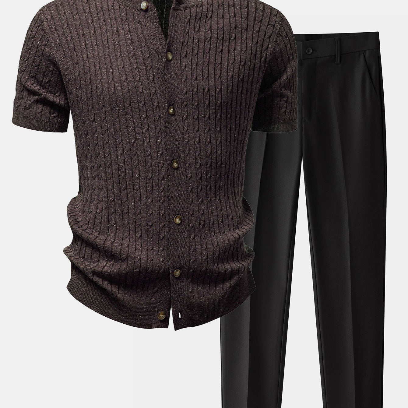 Twisted Jacquard Crew Neck Button Up Knit Shirt & Slim Fit Tapered Trousers