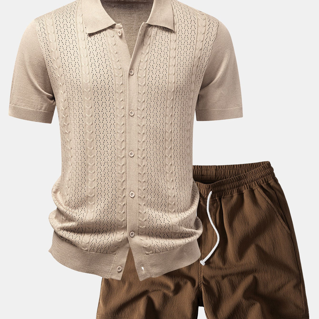 Twisted Jacquard Button Up Knit Shirt & Crinkle Textured Drawstring 5" Shorts
