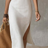 Stand-collar Split-hem Cotton And Linen Midi Dress