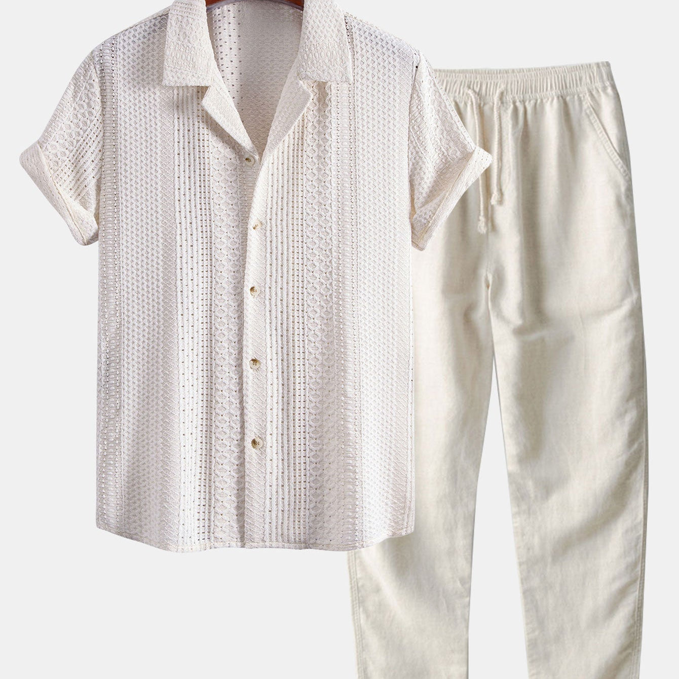 Geometric Jacquard Cuban Collar Shirt & Straight Leg Linen Pants
