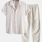 Geometric Jacquard Cuban Collar Shirt & Straight Leg Linen Pants