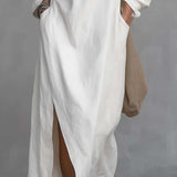 Loose-fitting One Shoulder Split Hem Cotton Linen Midi Dress