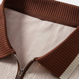 Contrast Trim Textured Zipper Knit Polo & Elastic Waist Straight Leg Trousers