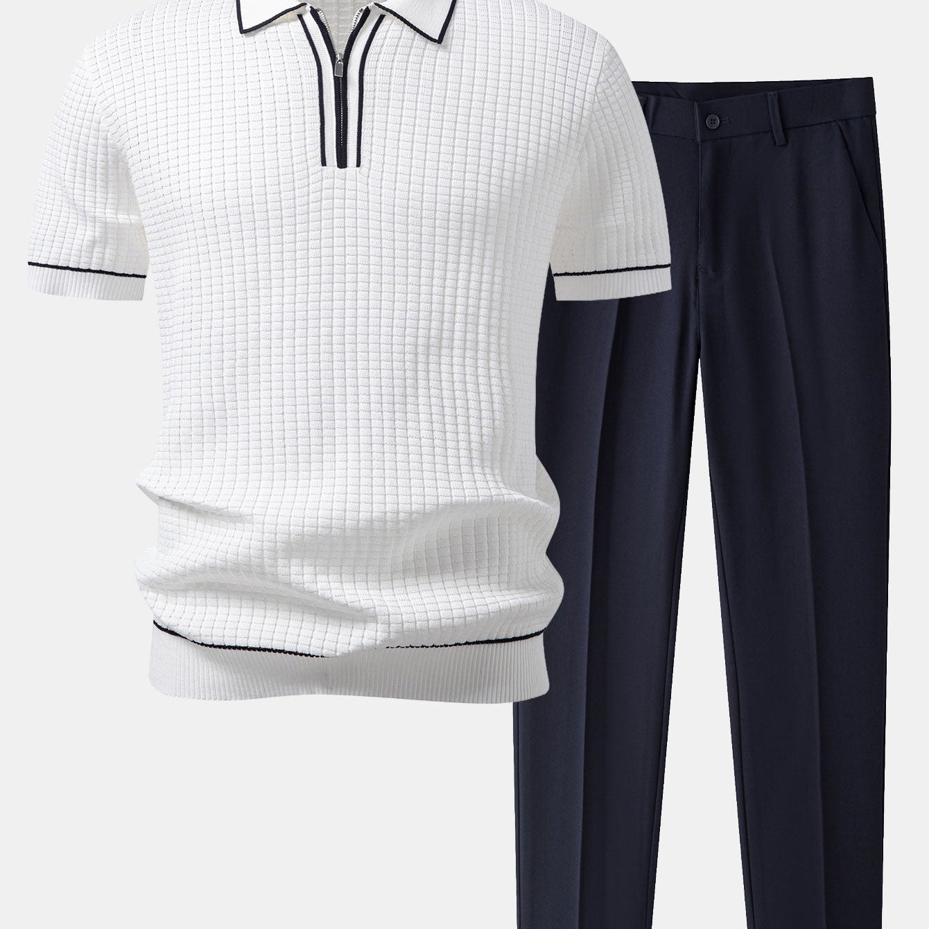 Contrast Trim Waffle Zipper Knit Polo & Slim Fit Tapered Trousers