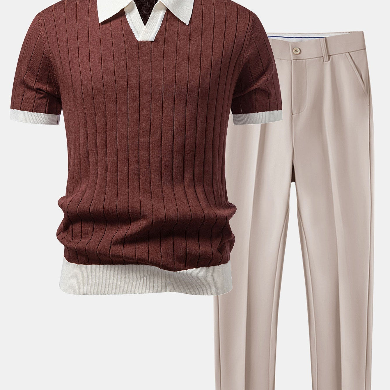 Contrast Trim Stripe Johnny Collar Polo & Slim Fit Tapered Trousers