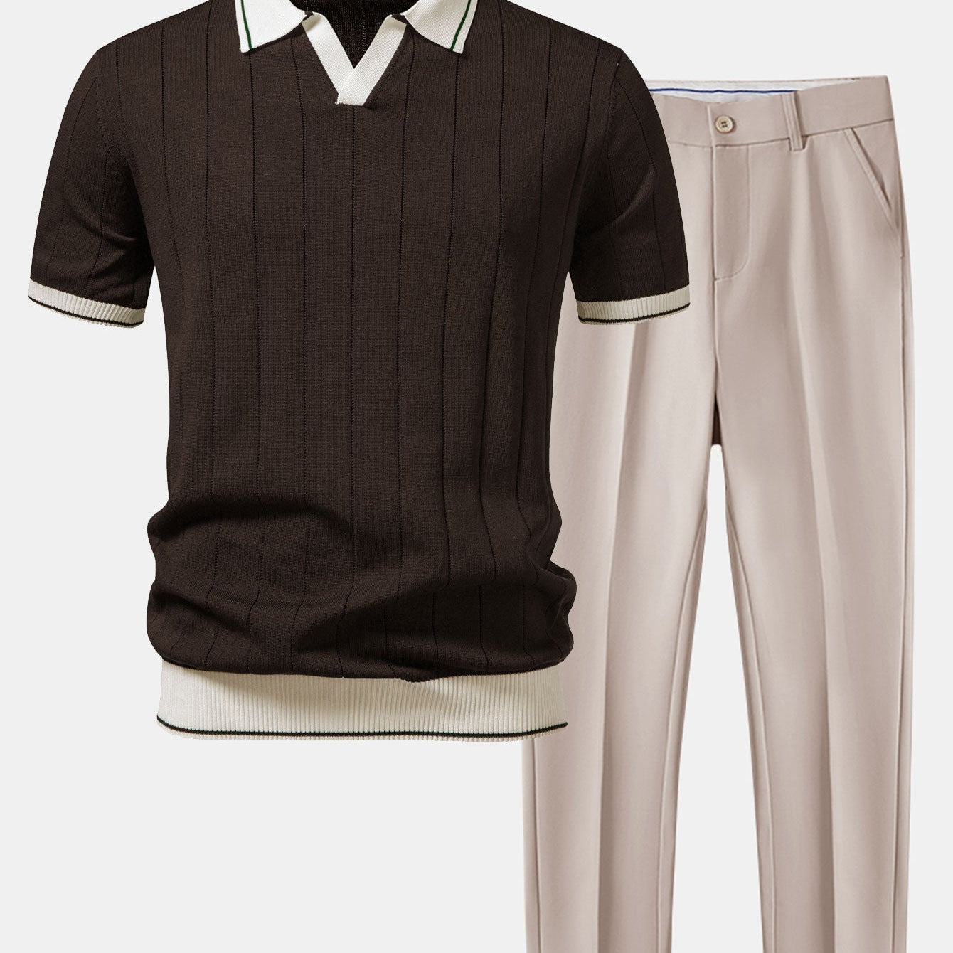 Contrast Trim Ribbed Johnny Collar Knit Polo & Slim Fit Tapered Trousers