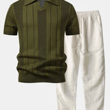 Johnny Collar Striped Open Knit Polo & Straight Leg Linen Pants