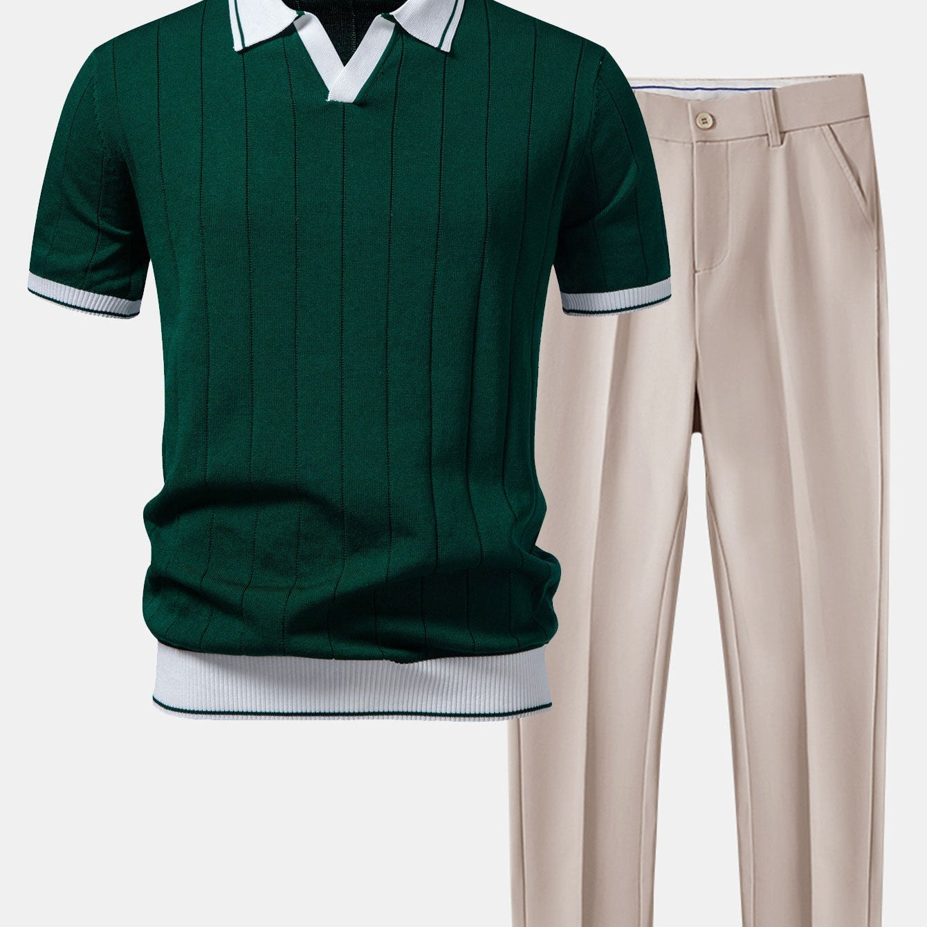 Contrast Trim Ribbed Johnny Collar Knit Polo & Slim Fit Tapered Trousers