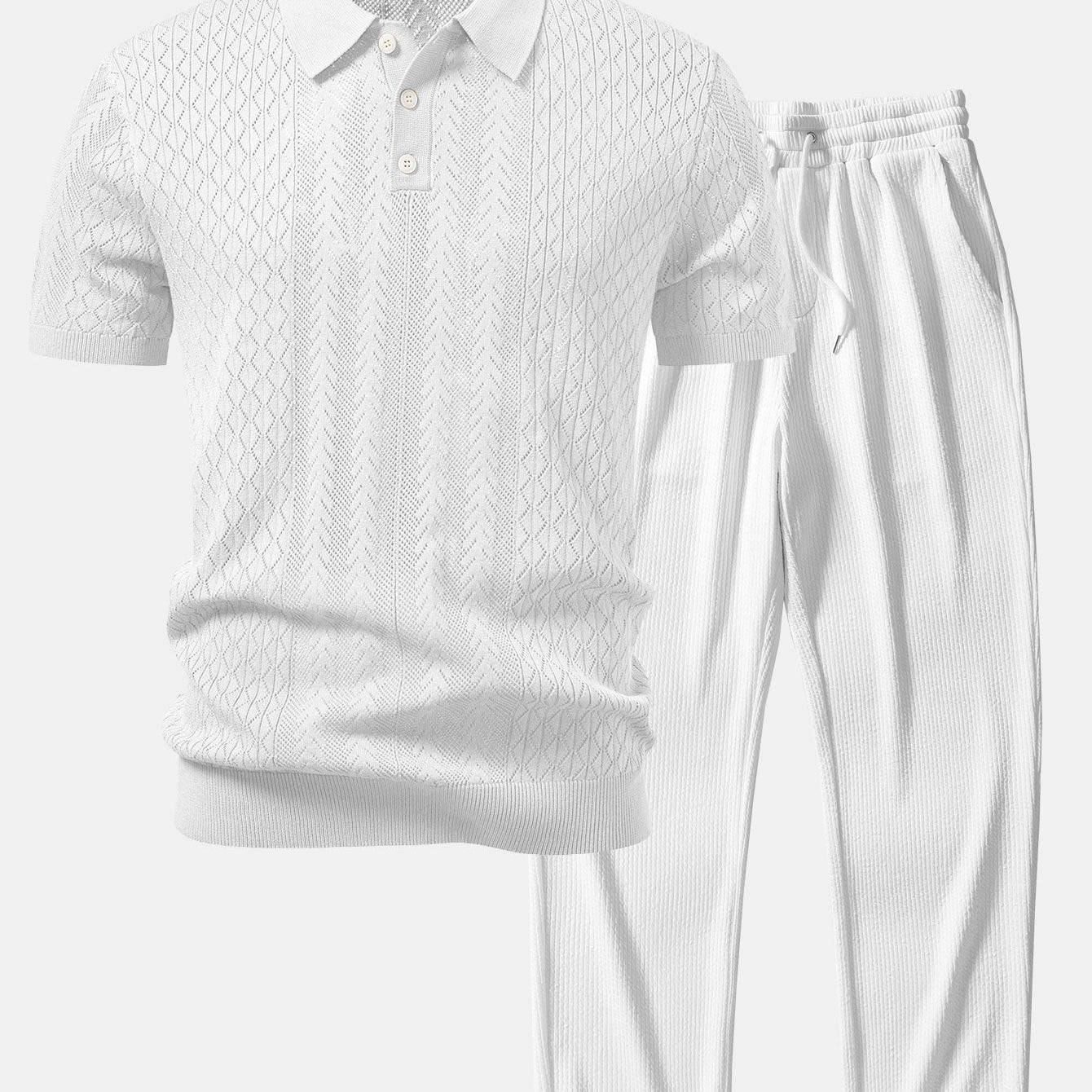 Geometric Jacquard Open Knit Polo & Straight Leg Ribbed Pants