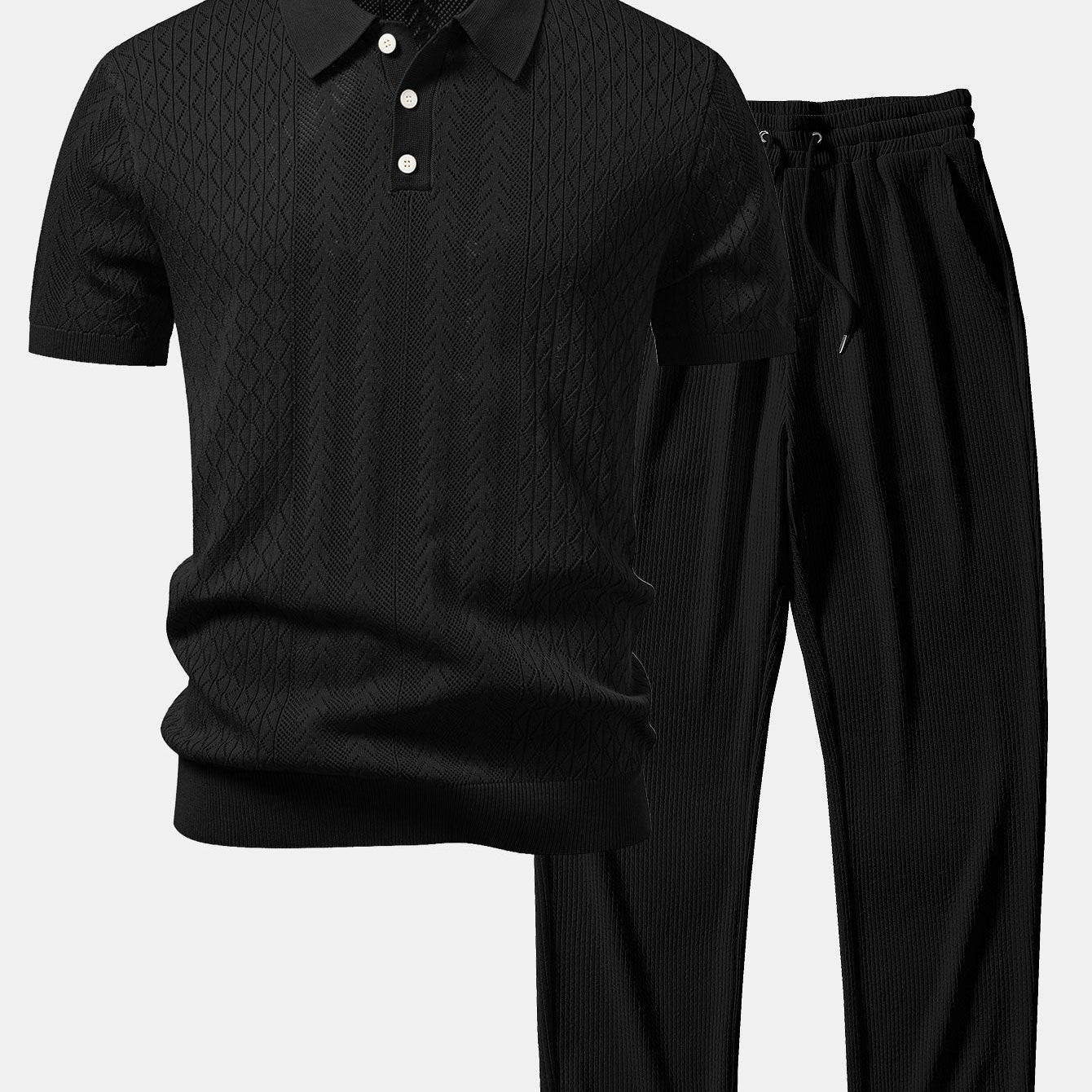 Geometric Jacquard Open Knit Polo & Straight Leg Ribbed Pants