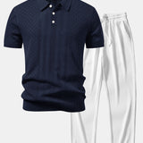 Geometric Jacquard Open Knit Polo & Straight Leg Ribbed Pants