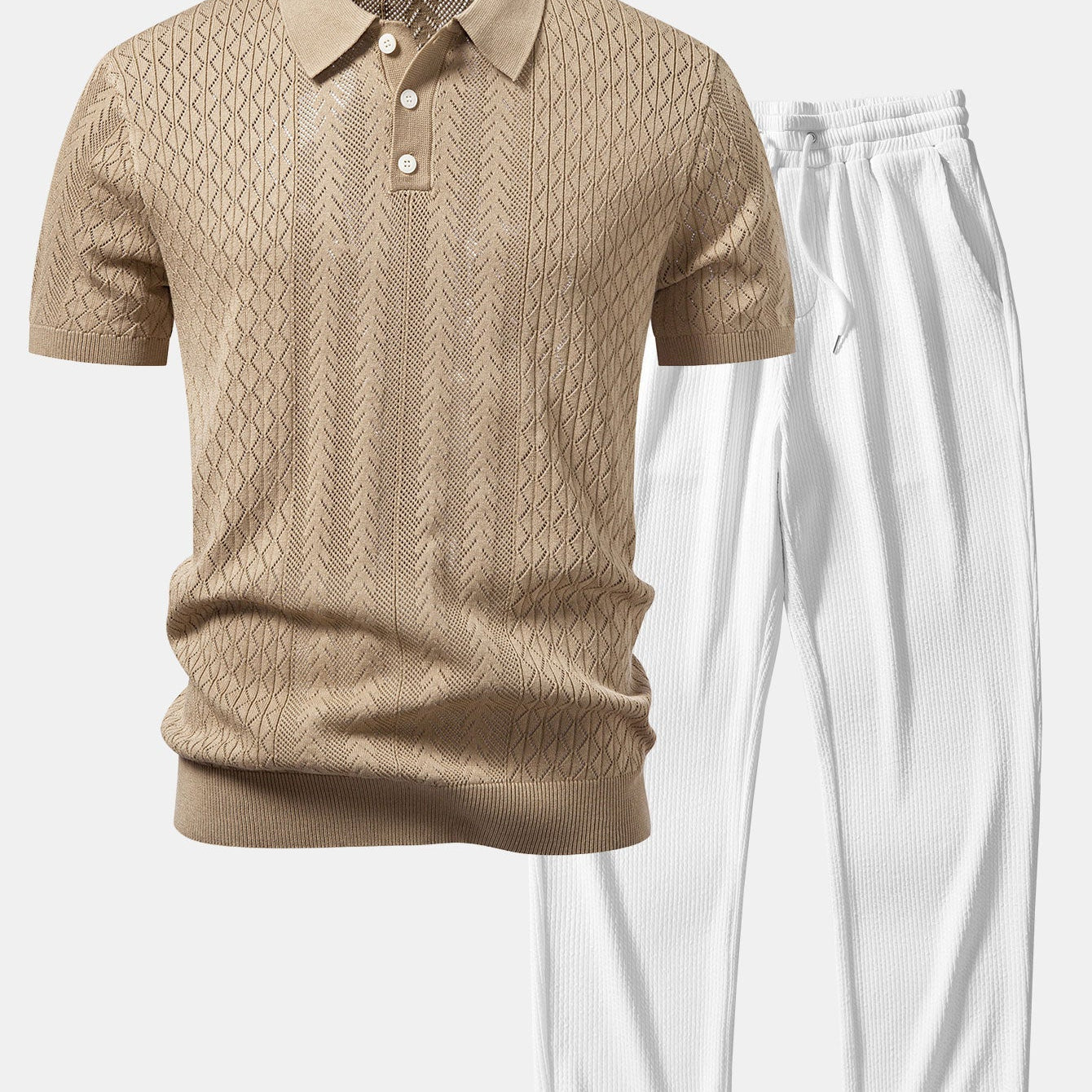 Geometric Jacquard Open Knit Polo & Straight Leg Ribbed Pants