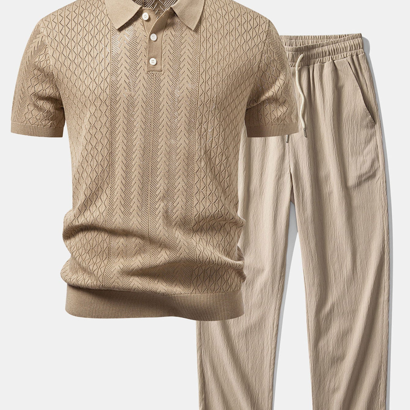 Geometric Jacquard Open Knit Polo & Crinkle Textured Straight Leg Pants