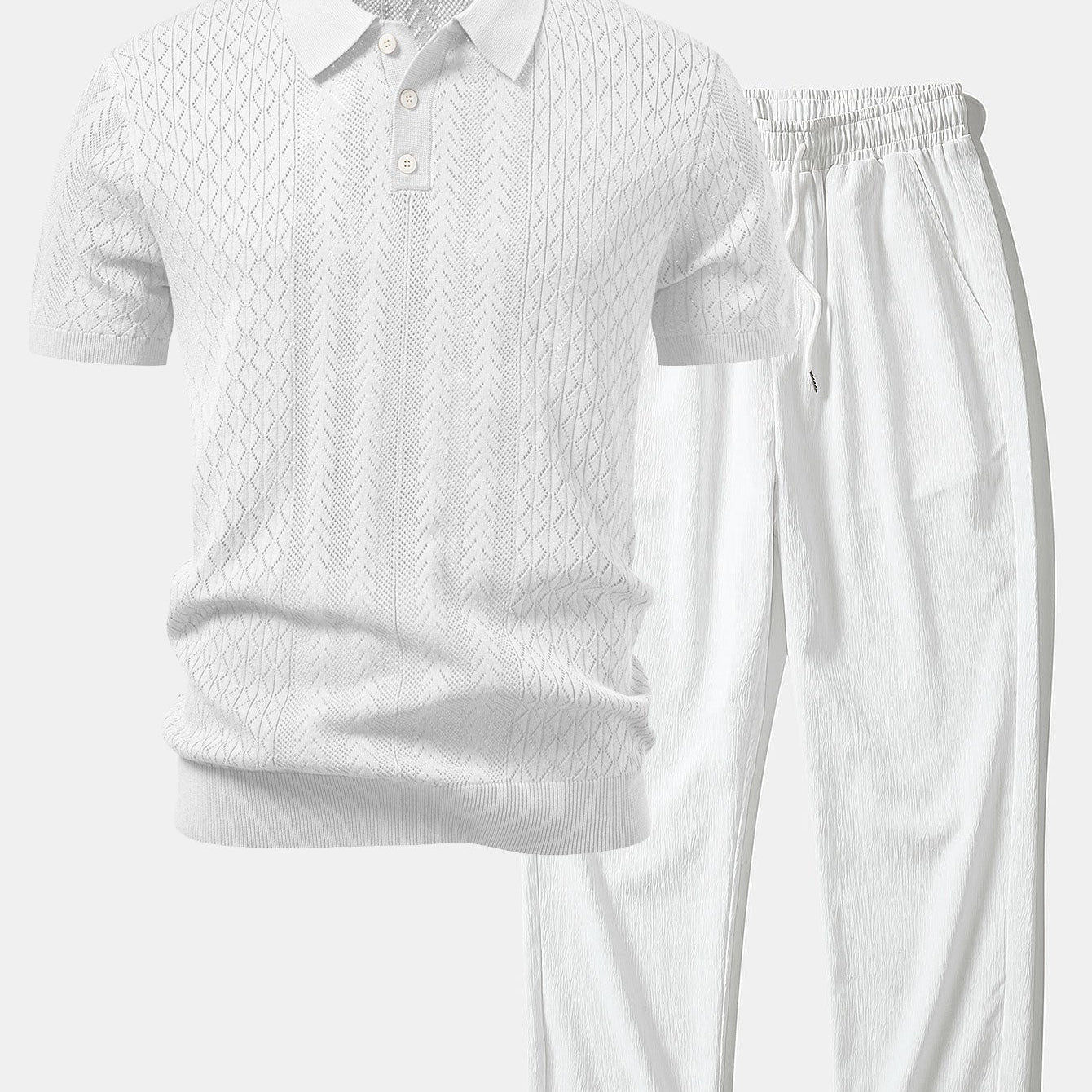 Geometric Jacquard Open Knit Polo & Crinkle Textured Straight Leg Pants
