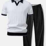 Contrast Trim Ribbed Johnny Collar Knit Polo & Elastic Waist Straight Leg Trousers