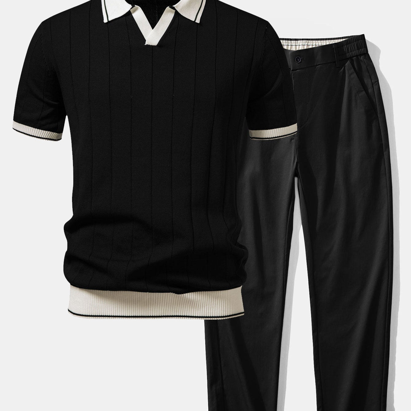 Contrast Trim Ribbed Johnny Collar Knit Polo & Elastic Waist Straight Leg Trousers