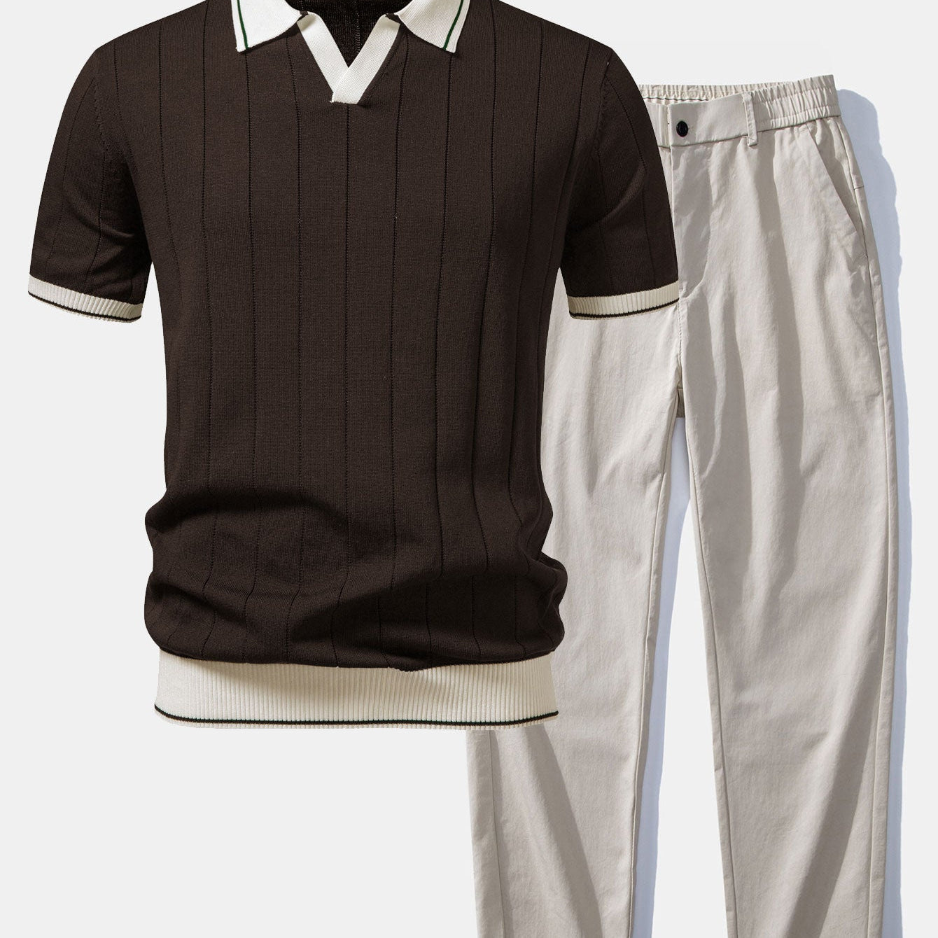 Contrast Trim Ribbed Johnny Collar Knit Polo & Elastic Waist Straight Leg Trousers
