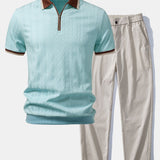 Contrast Trim Textured Zipper Knit Polo & Elastic Waist Straight Leg Trousers