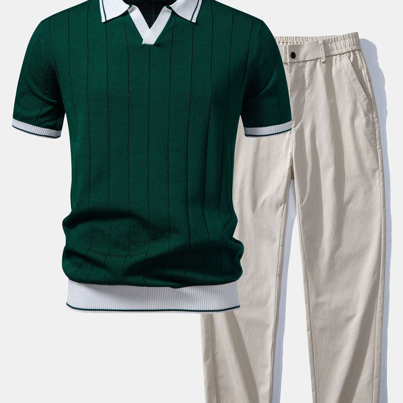 Contrast Trim Ribbed Johnny Collar Knit Polo & Elastic Waist Straight Leg Trousers