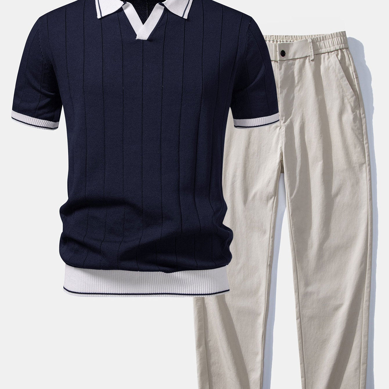 Contrast Trim Ribbed Johnny Collar Knit Polo & Elastic Waist Straight Leg Trousers