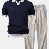 Contrast Trim Ribbed Johnny Collar Knit Polo & Elastic Waist Straight Leg Trousers