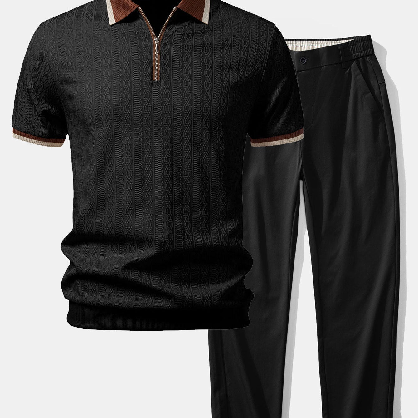 Contrast Trim Textured Zipper Knit Polo & Elastic Waist Straight Leg Trousers