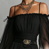 Black And White Gradient Off-shoulder Gradient Chiffon Jumpsuit (with belt)