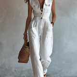 White Sleeveless Faux Cotton-Linen Jumpsuit