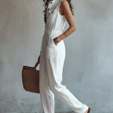 White Sleeveless Faux Cotton-Linen Jumpsuit