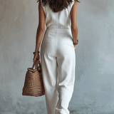 White Sleeveless Faux Cotton-Linen Jumpsuit