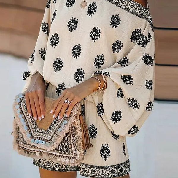 Baroque Print Off-Shoulder Lantern Sleeve Shorts Jumpsuit