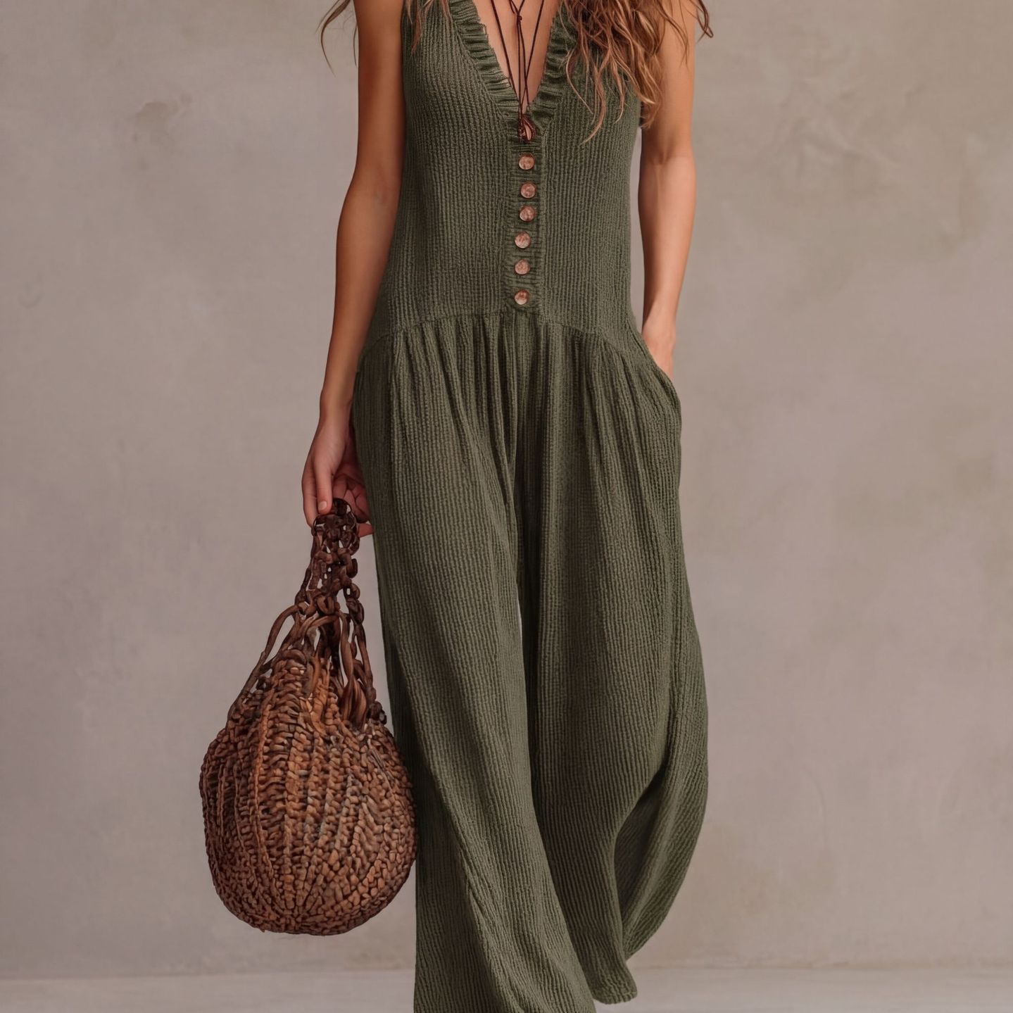 Retro Ruffled V-neck Wide-leg Jumpsuit